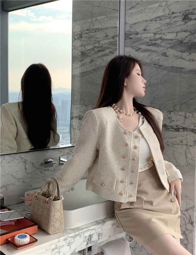 Sequin Crew Neck Wool Cropped Jacket