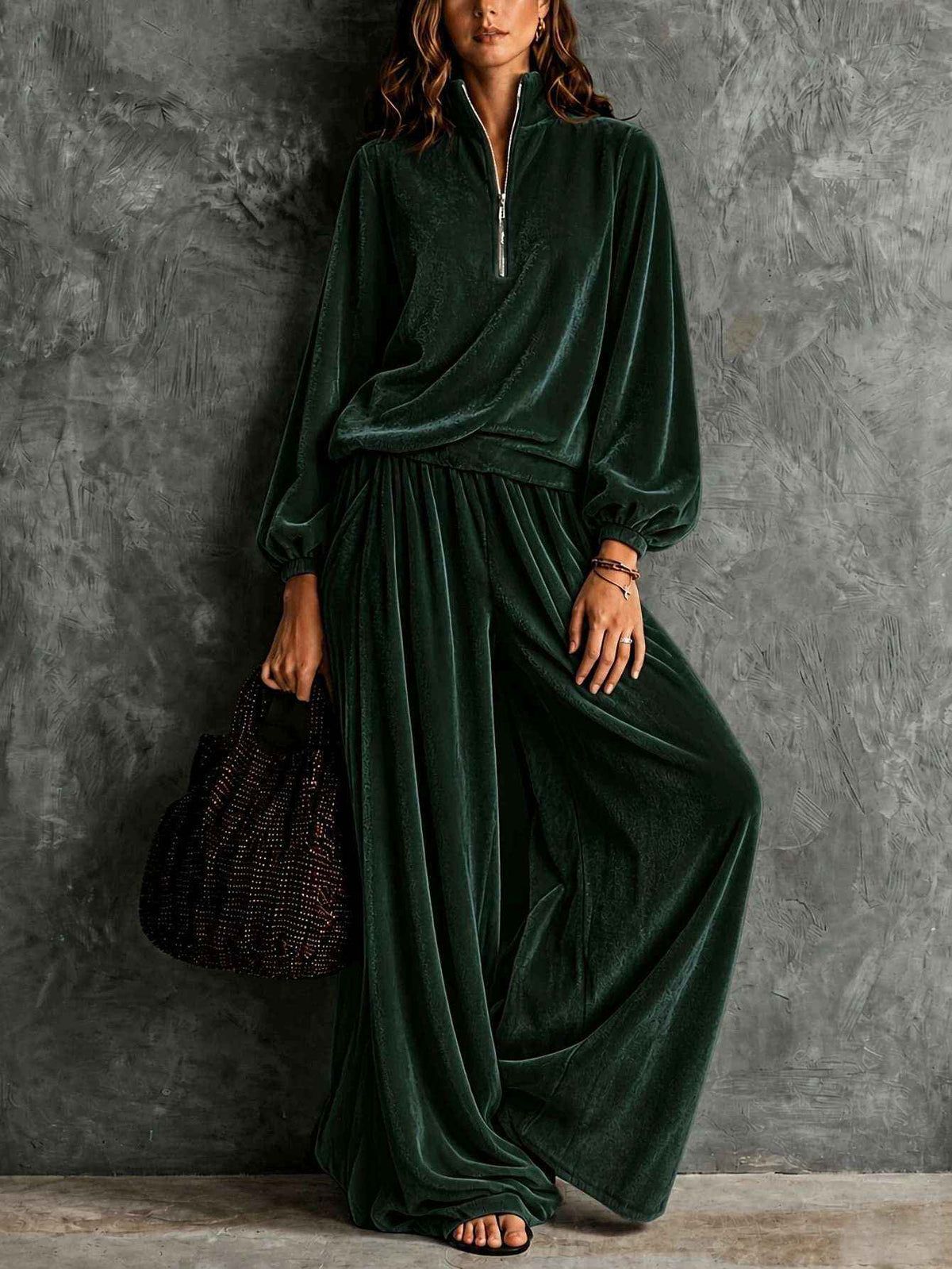 Elegant Velvet Long-Sleeved Pants & Top Set for Women - Autumn Winter Fashion