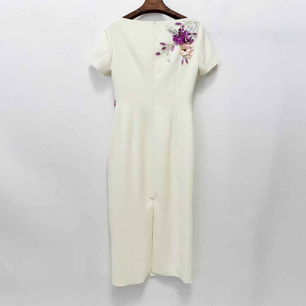 Floral Beaded Midi Dress - Slim Fit A-line Skirt