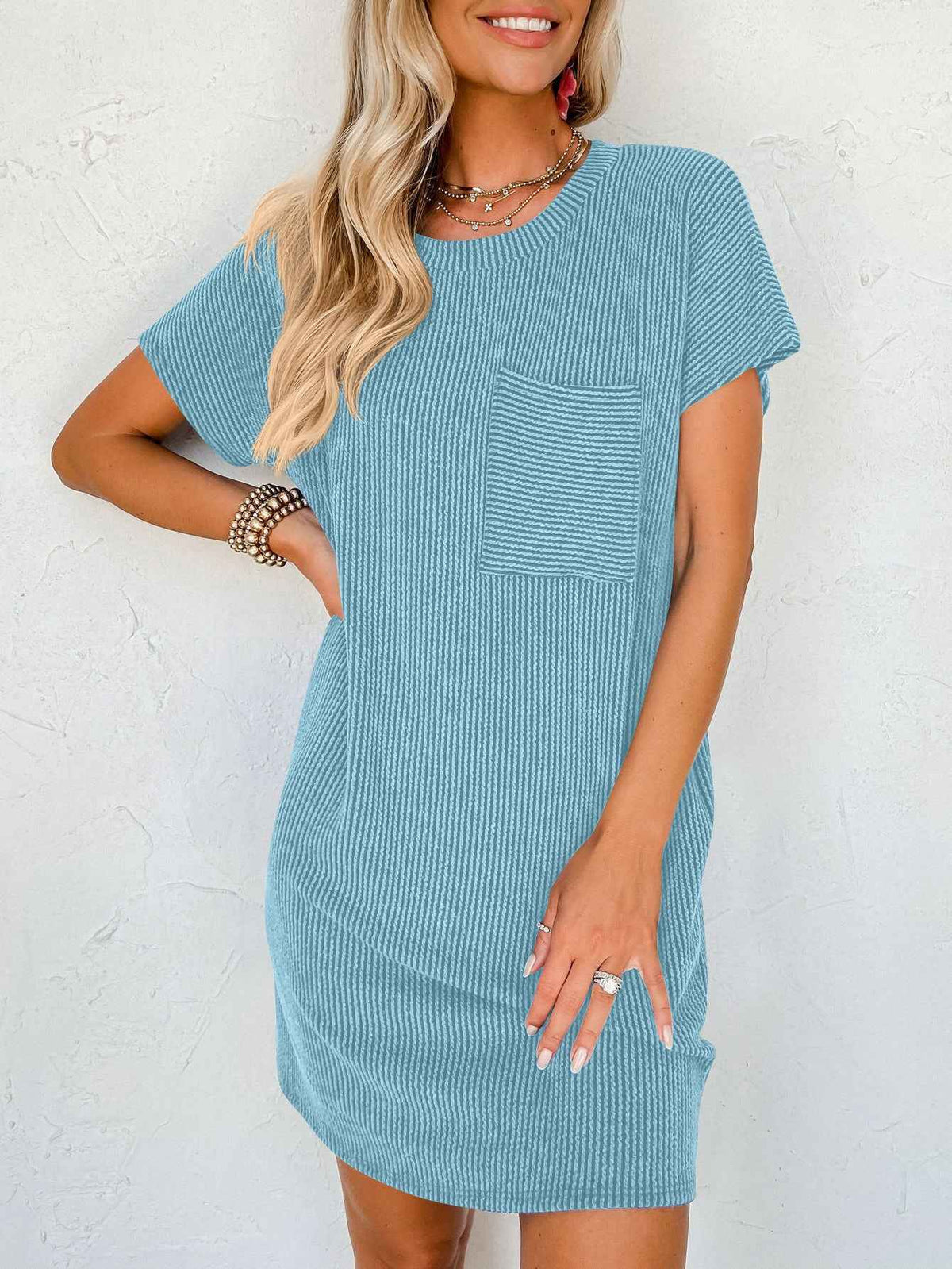 Striped Pocket Dress Women Short Sleeve Casual Blouse