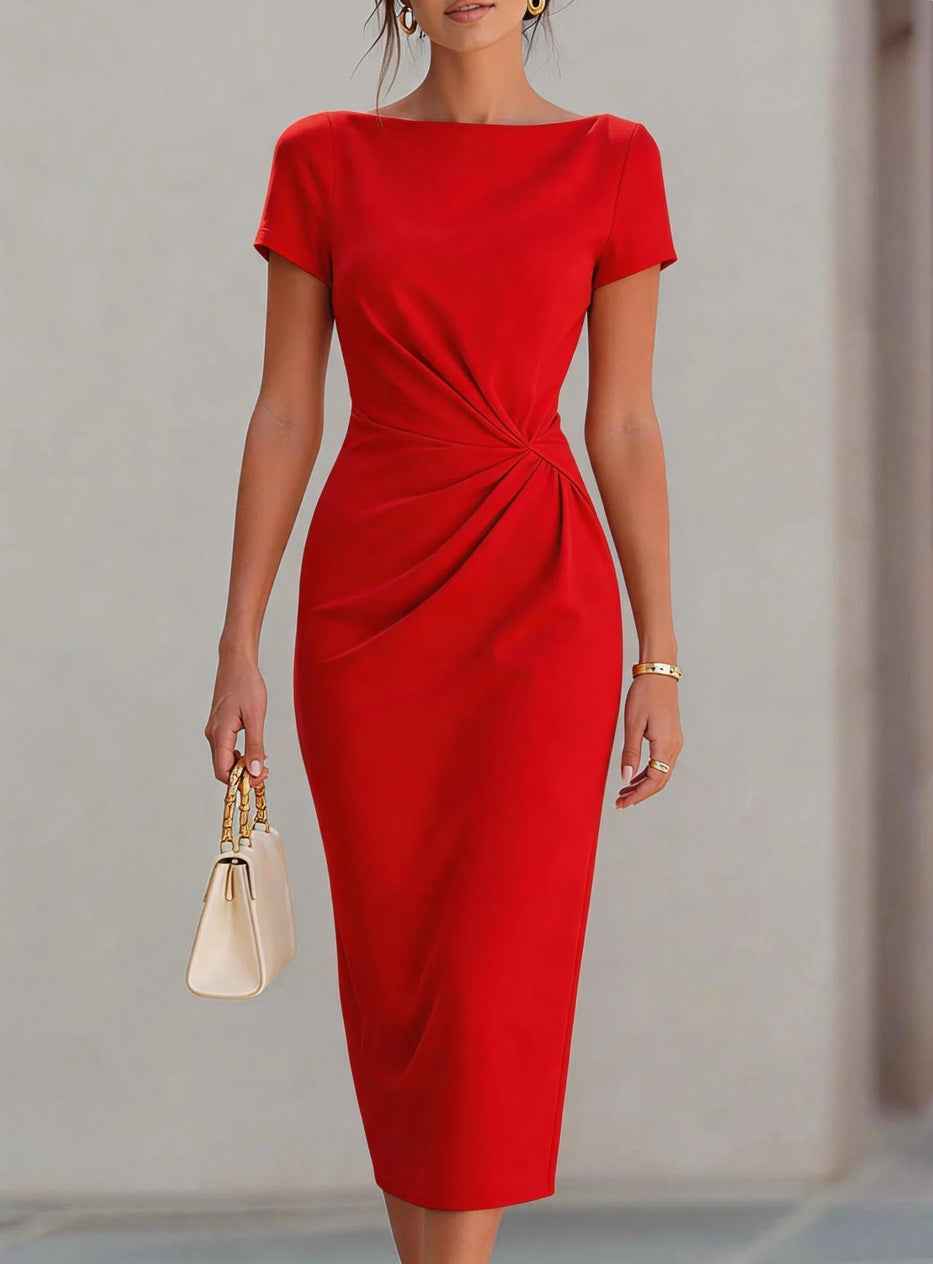 Fitted Waist Pleated Midi Dress for Women, Slim Fit Style