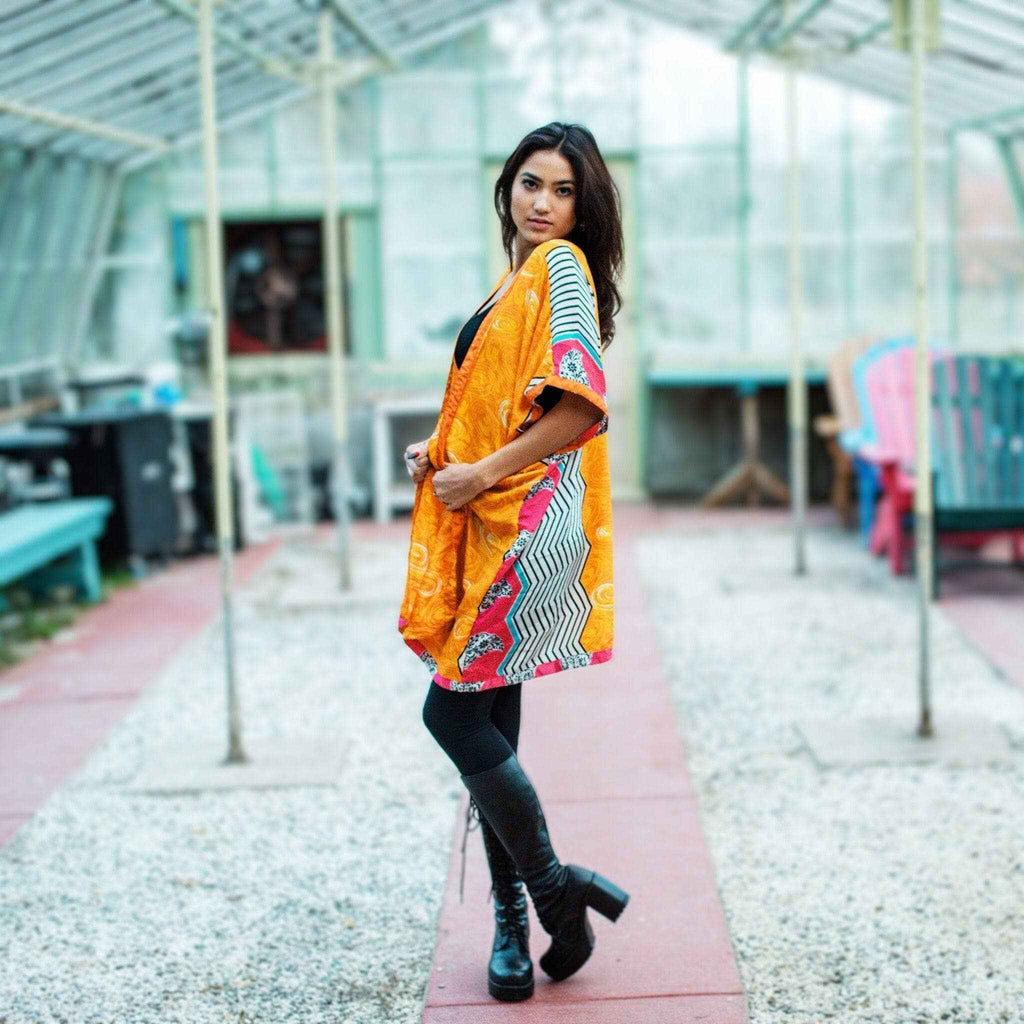 Amara Short Sari Duster: Lightweight Eco-Friendly & Reclaimed Sari Fabric Top