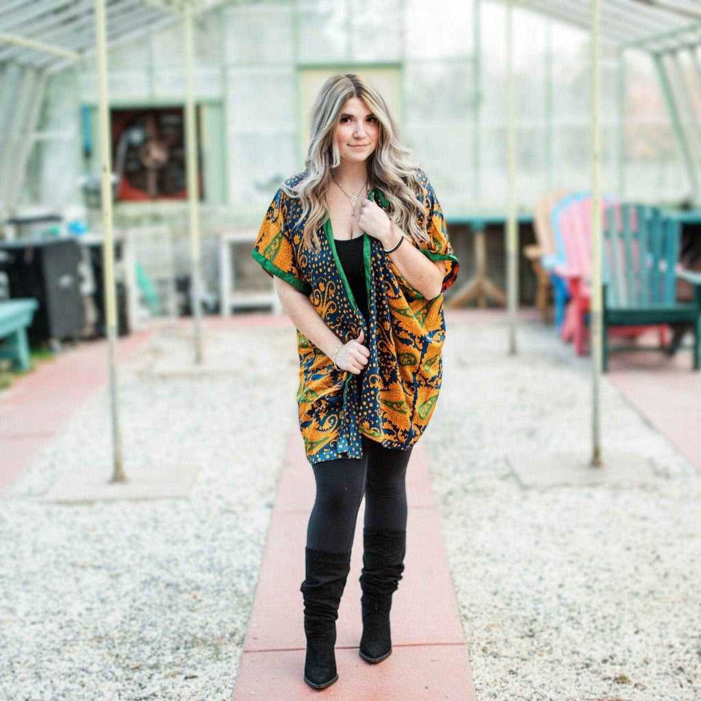 Amara Short Sari Duster: Lightweight Eco-Friendly & Reclaimed Sari Fabric Top