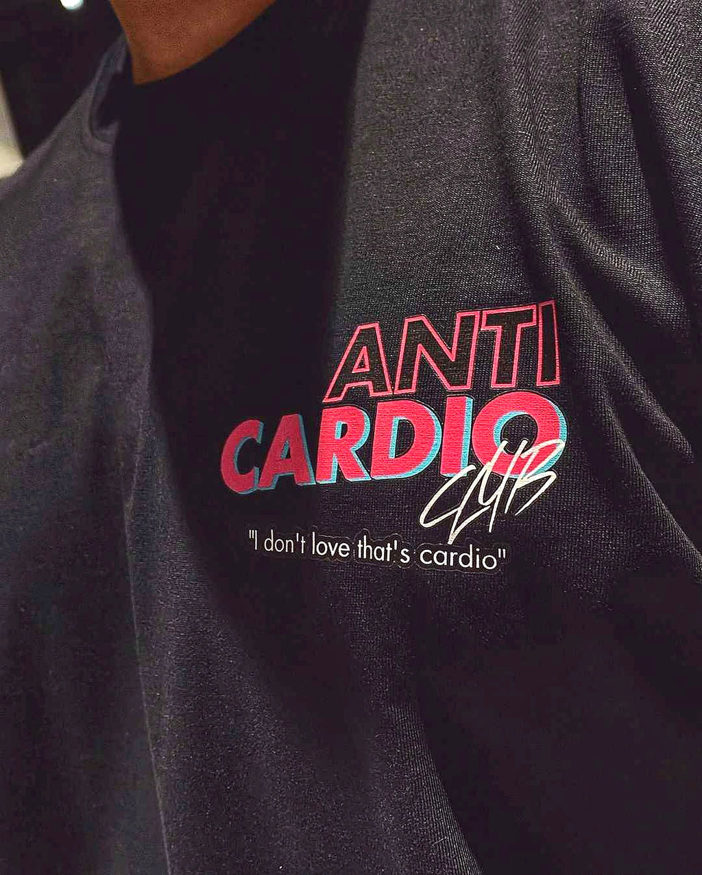 Close-up of original Anti Cardio back print on black shirt