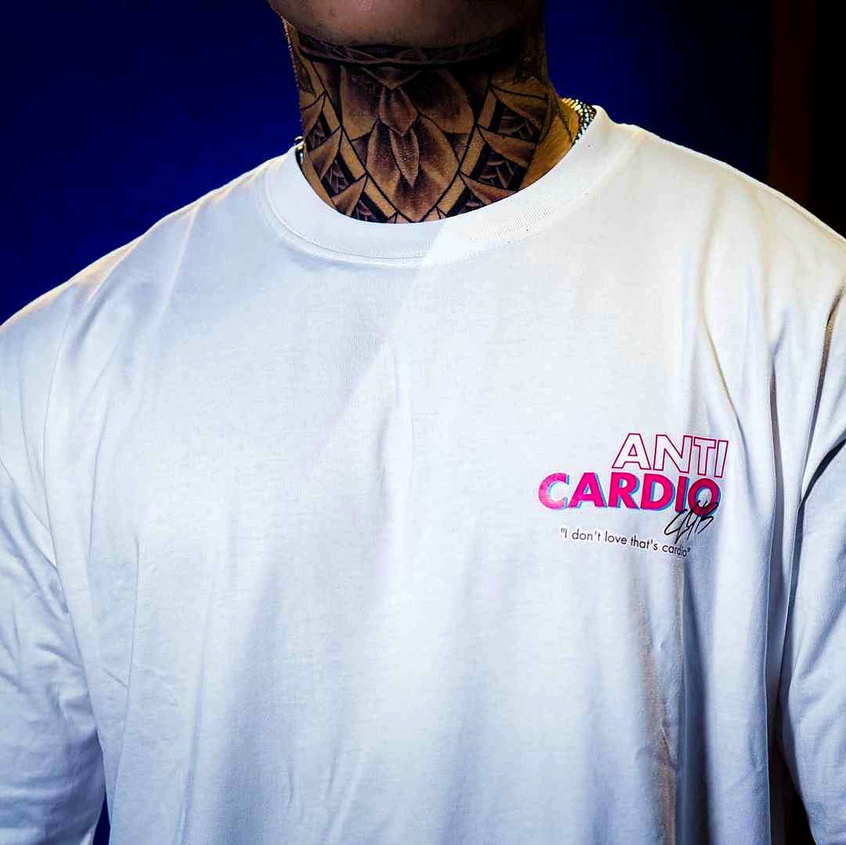 White Anti Cardio tee small chest logo original close-up