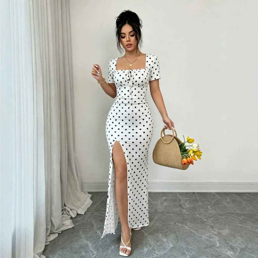 Womens Cinched-waist Fishtail Polka-dot Dress