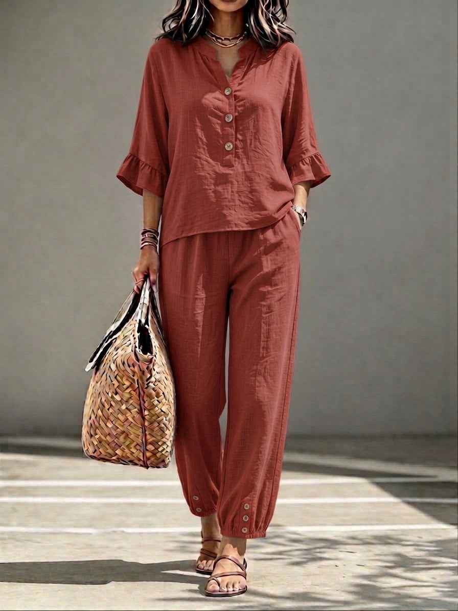 Women's Retro V-Neck Top & Cropped Wide Leg Trousers Set, Casual Button Three-Quarter Sleeve Office Suit