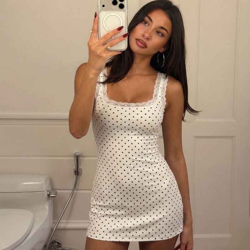 Women's Casual Short Sheath Dress - Polka Dot & Backless