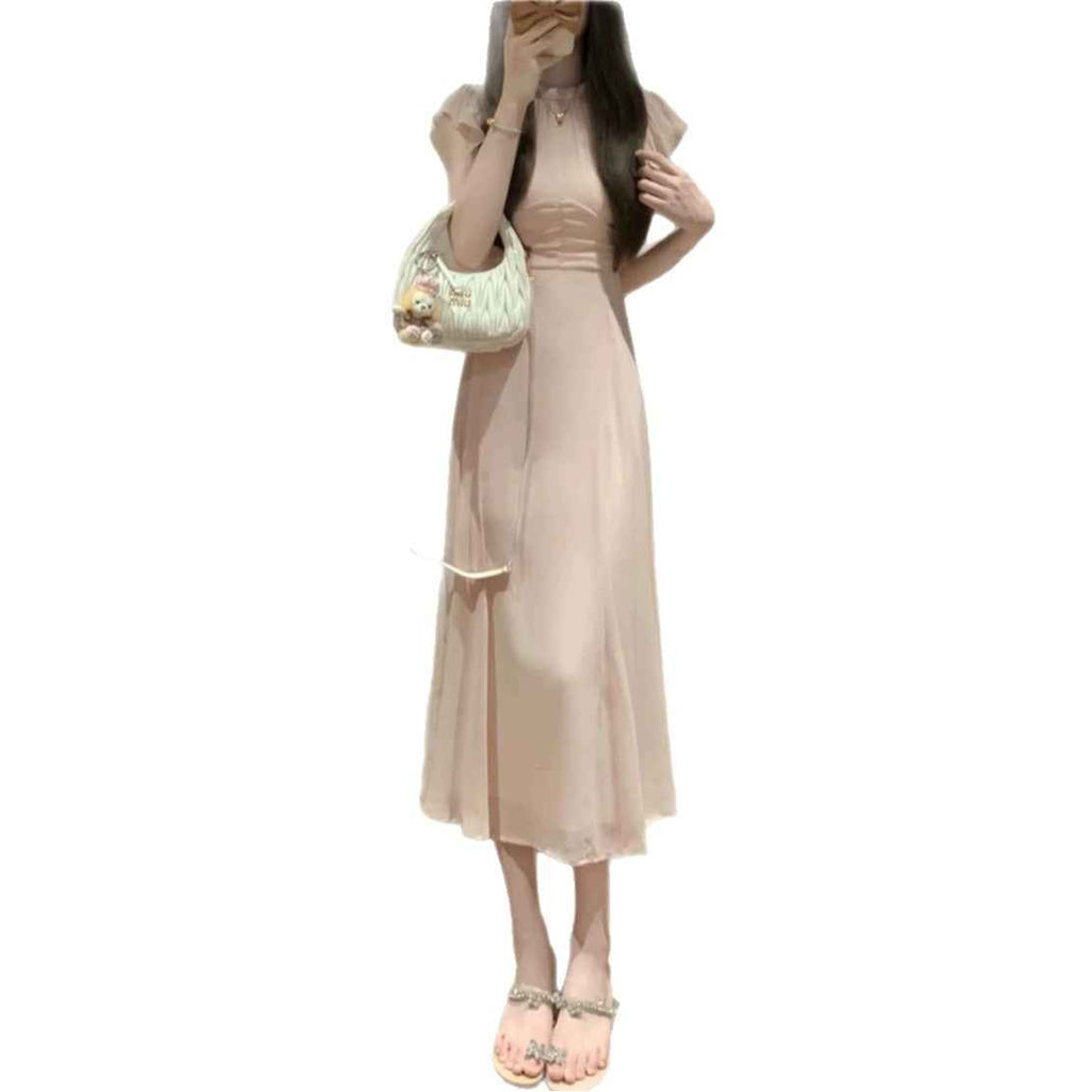 Floral Pink Chiffon A-Line Midi Dress with Cinched Waist