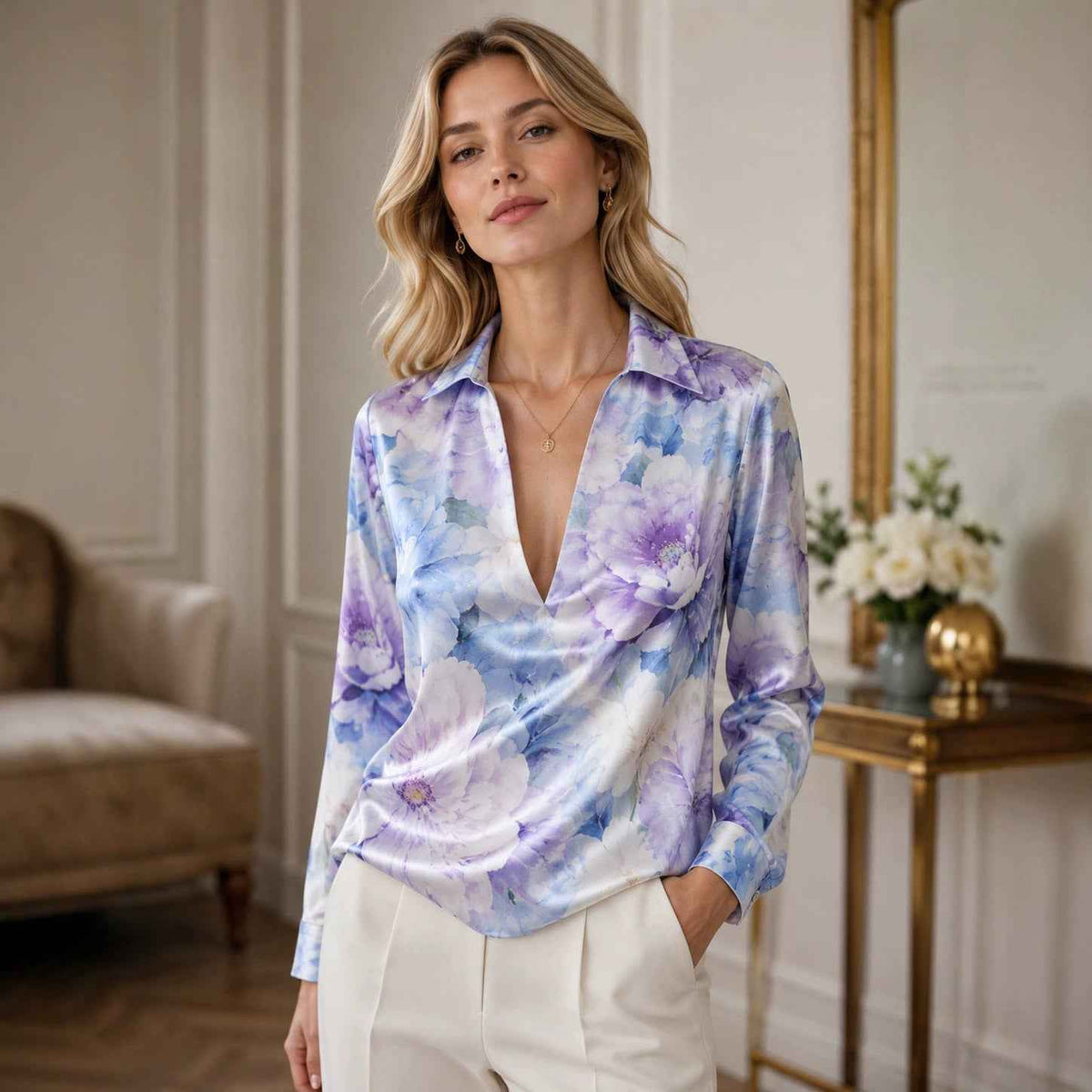 Retro Ink-Wash Floral Lapel Deep-V Satin Blouse - Elegant Vintage Piece