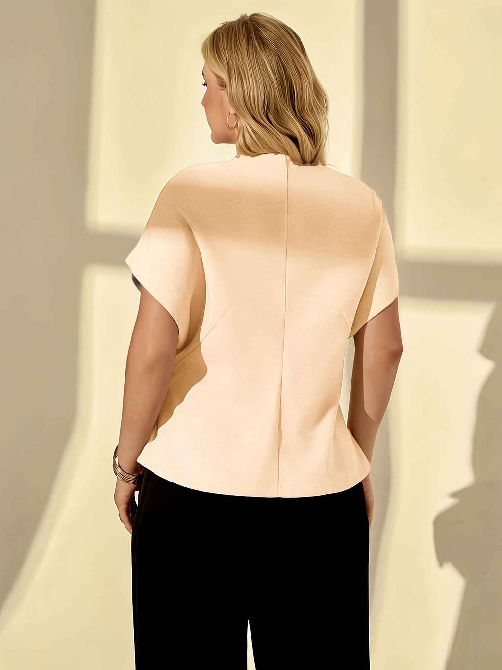 Women's Short Sleeve Blazer Jacket - Solid Khaki 3D Embossed Woven Fashion Piece