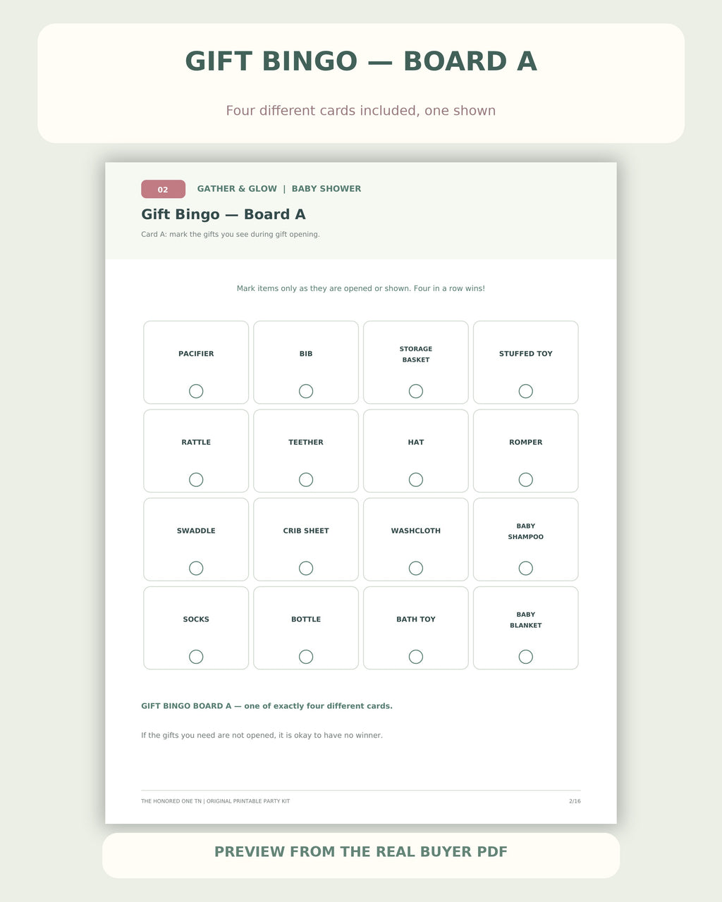 Actual baby shower gift bingo game card from buyer PDF