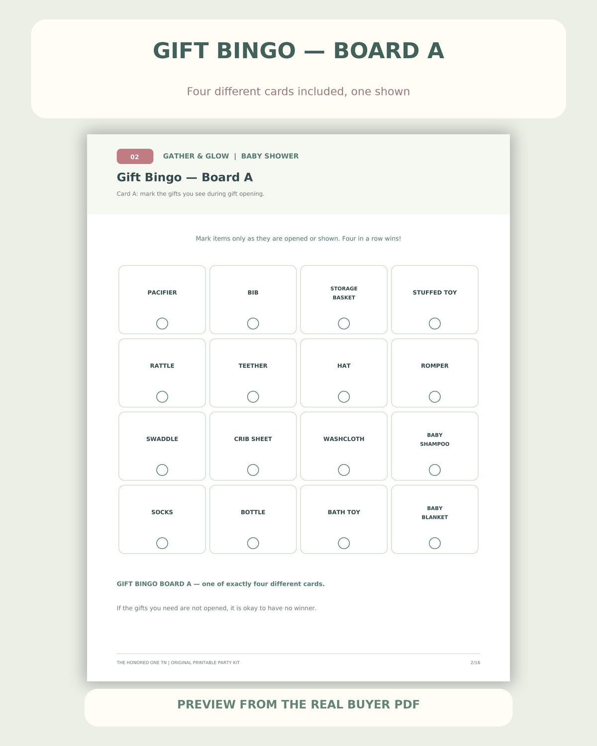 Actual baby shower gift bingo game card from buyer PDF