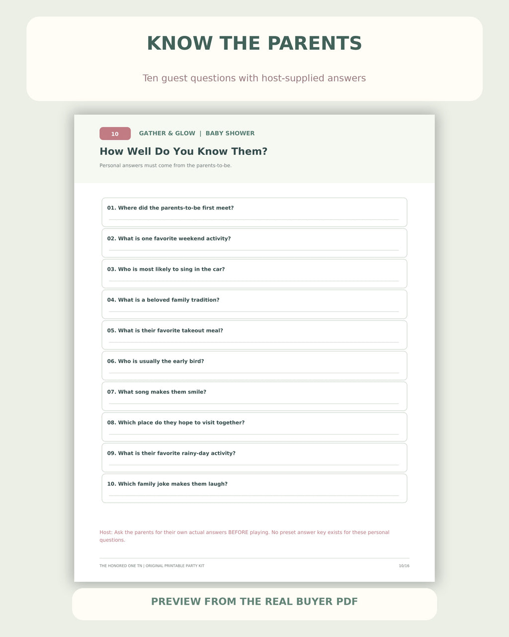Actual baby shower Know the Parents quiz page; host answers required