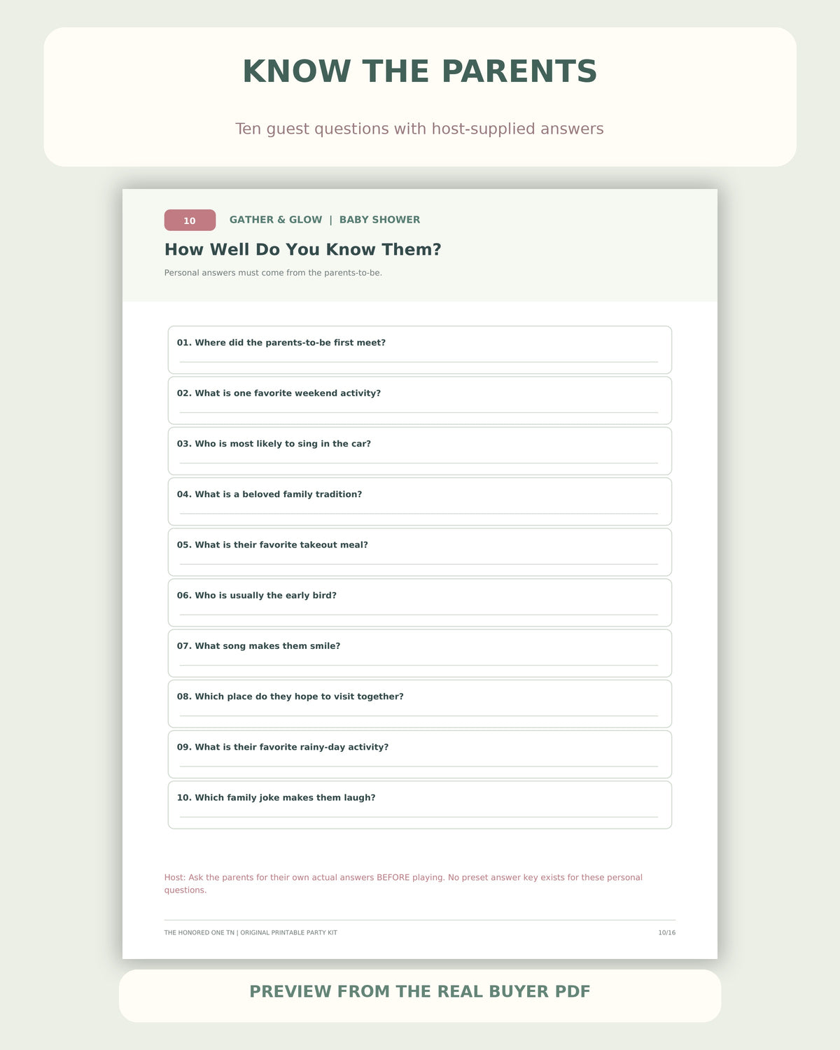Actual baby shower Know the Parents quiz page; host answers required