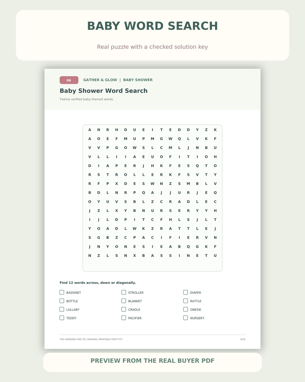 Actual baby shower word search puzzle page from buyer PDF