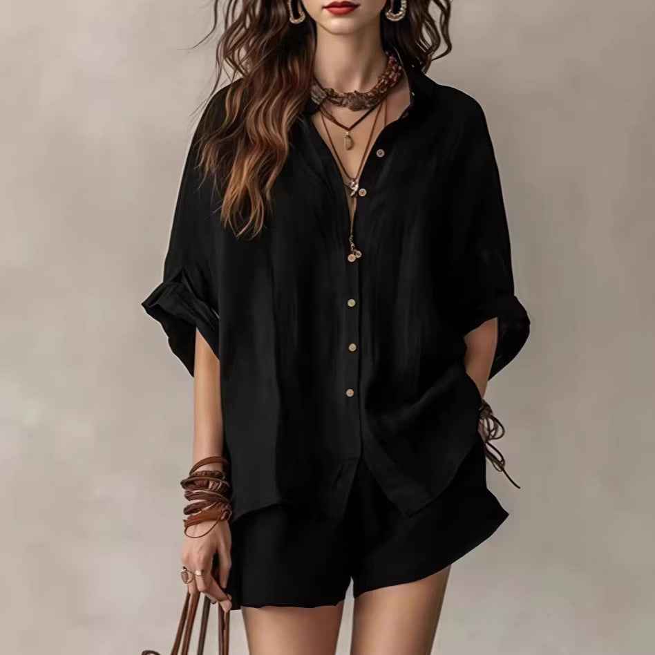 Two-Piece Set Womens Casual Summer Single-Breasted Short-Sleeved Shirt Wide-Leg Shorts For Daily Wear Work Holiday Outfits