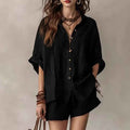 Two-Piece Set Womens Casual Summer Single-Breasted Short-Sleeved Shirt Wide-Leg Shorts For Daily Wear Work Holiday Outfits
