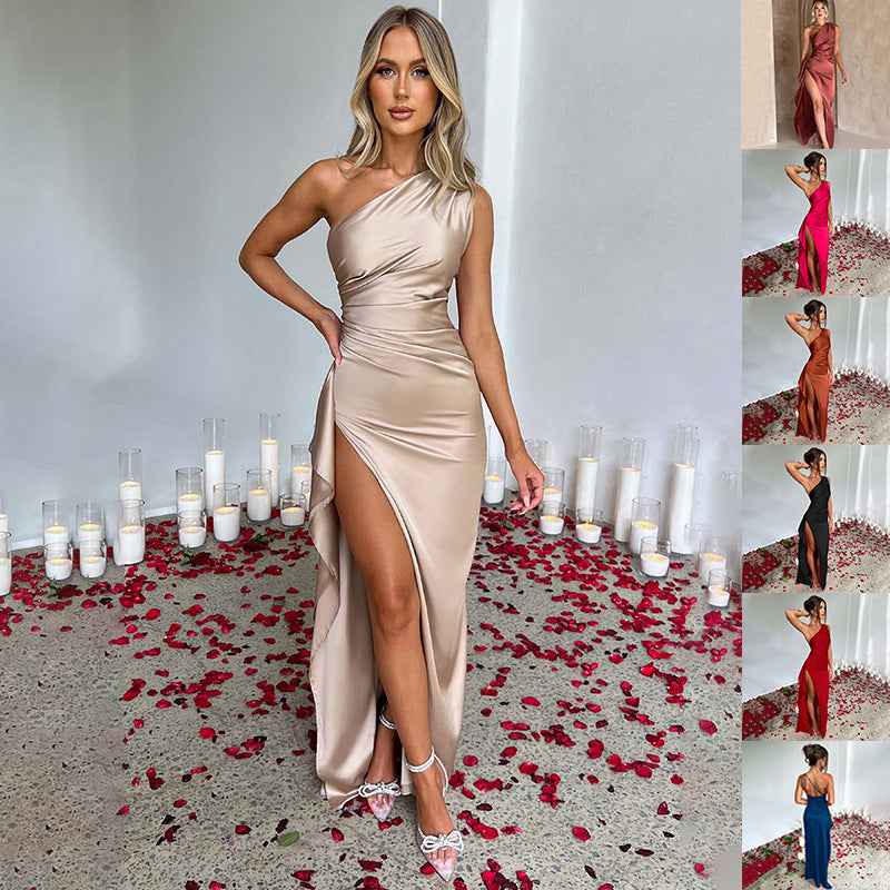 Red One-Shoulder Backless Satin Dress