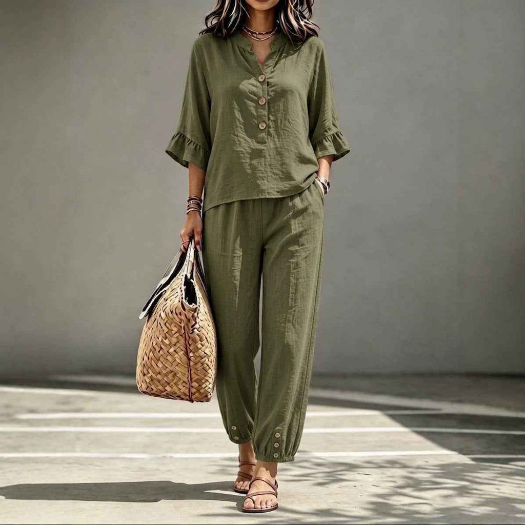 Women's Retro V-Neck Top & Cropped Wide Leg Trousers Set, Casual Button Three-Quarter Sleeve Office Suit