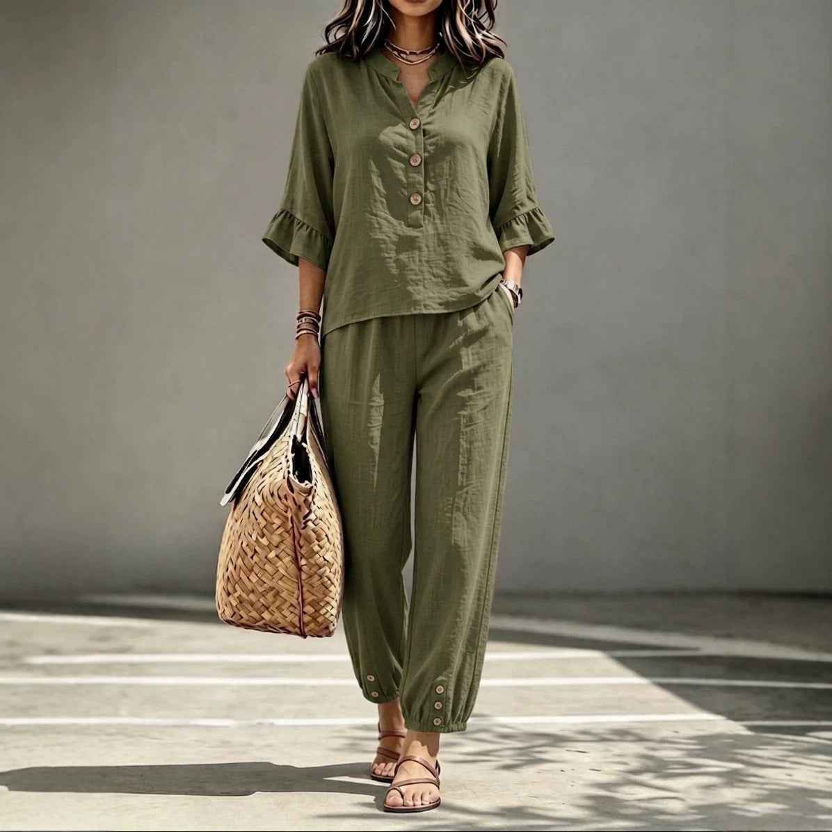 Women's Retro V-Neck Top & Cropped Wide Leg Trousers Set, Casual Button Three-Quarter Sleeve Office Suit