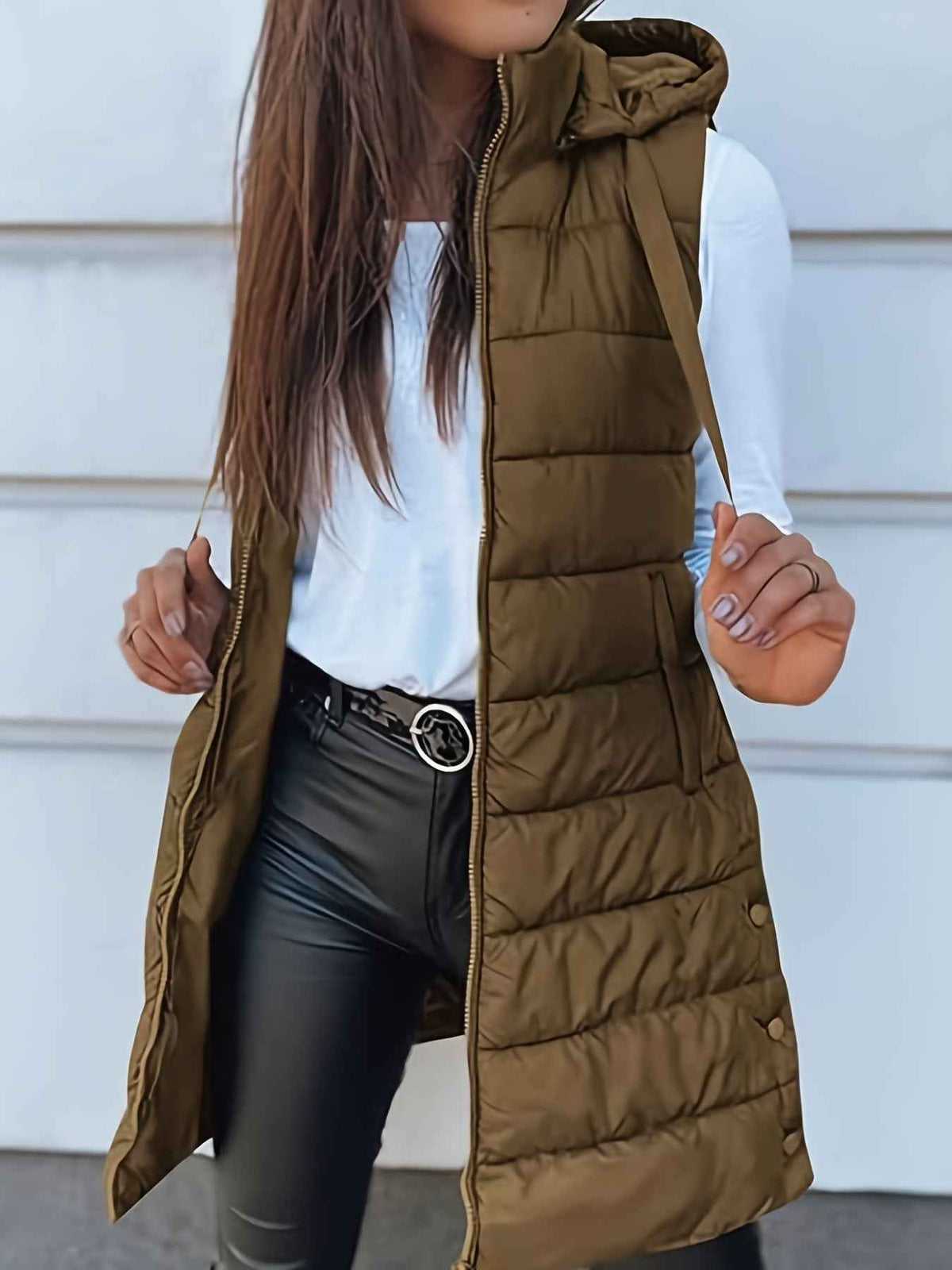 Solid Color Hooded Quilted Cotton Vest Coat with Zipper