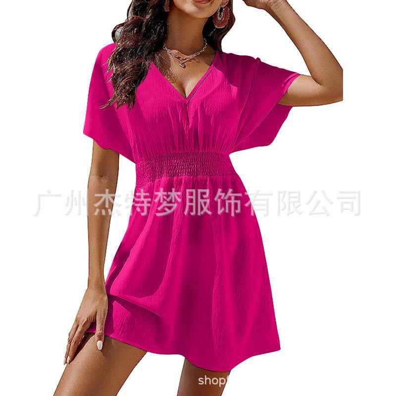 Elegant Women's V-Neck Pleated Chiffon Skirt Dress