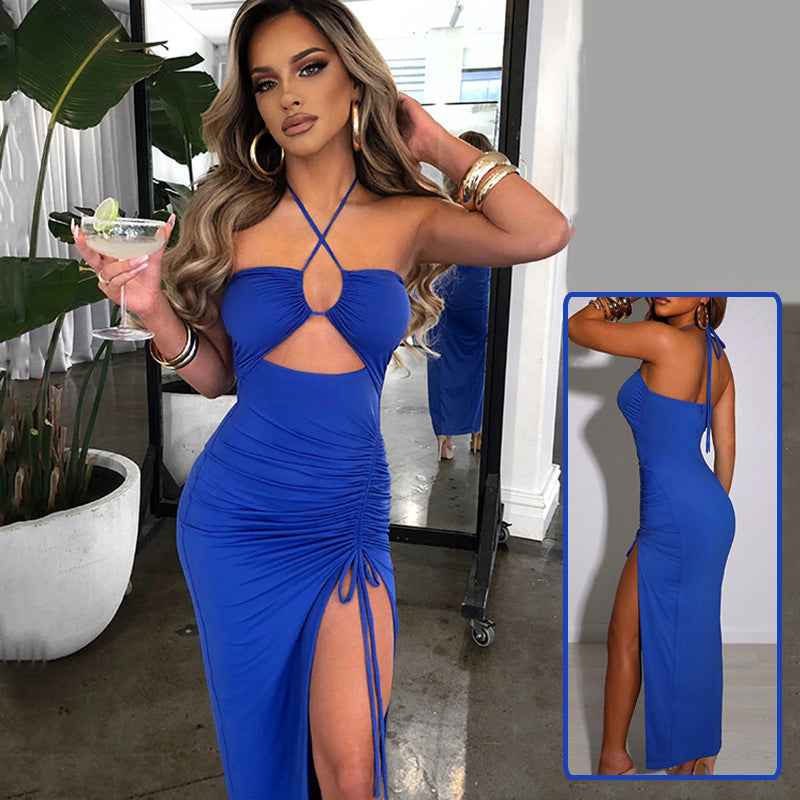 Halterneck Lace-Up Split Dress - Y2K Party Style