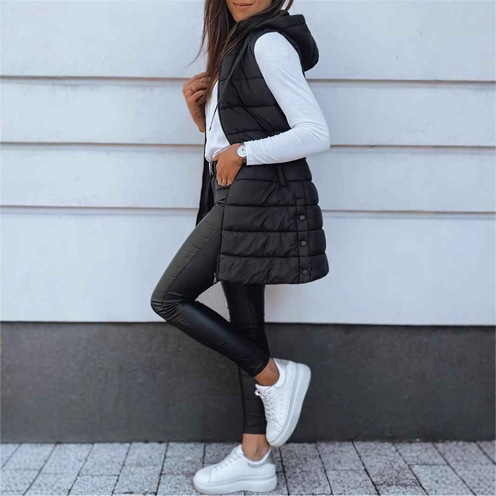 Solid Color Hooded Quilted Cotton Vest Coat with Zipper