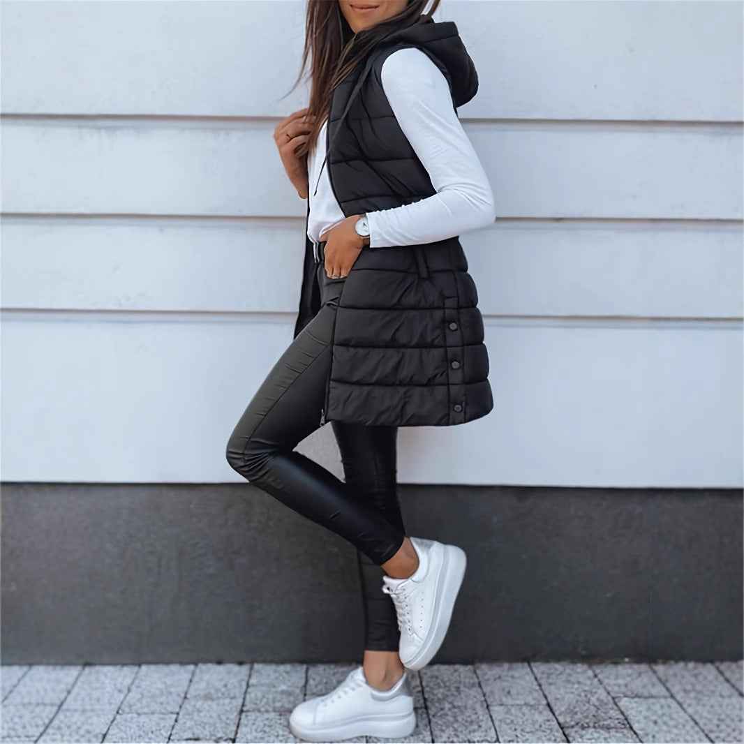 Solid Color Hooded Quilted Cotton Vest Coat with Zipper