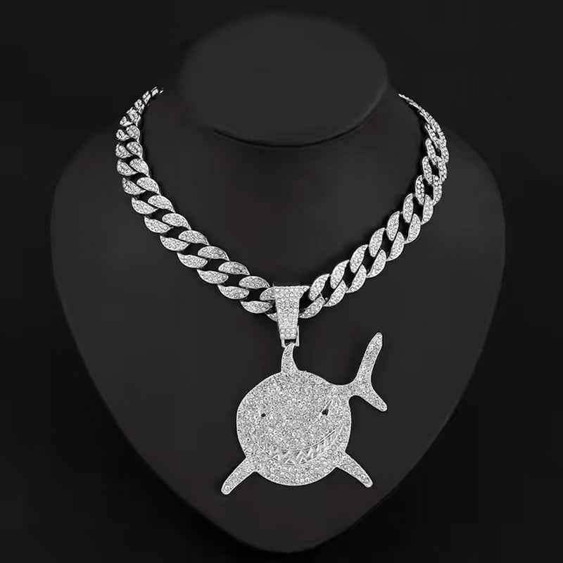 3D Diamond Football & Shark Pendant Necklace - Gold Zinc Alloy Cubic Zirconia
