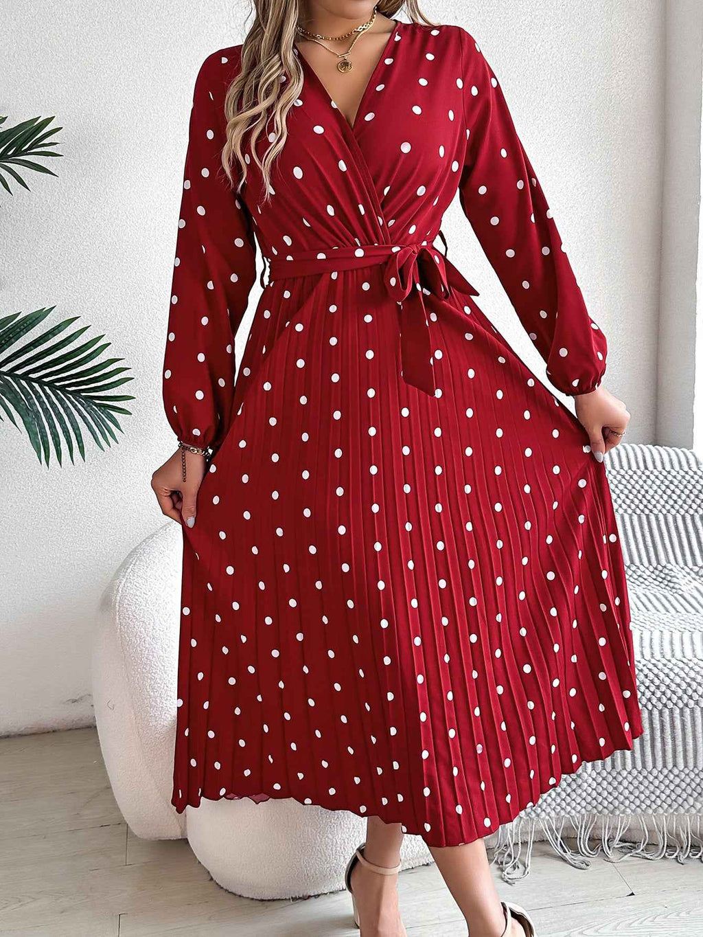 Polka Dot V-Neck Pleated Bridesmaid Dress - Elegant Formal Occasion