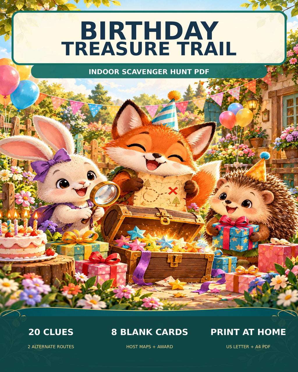 Birthday Treasure Trail original illustrated cover indoor scavenger hunt two alternative 10 clue routes