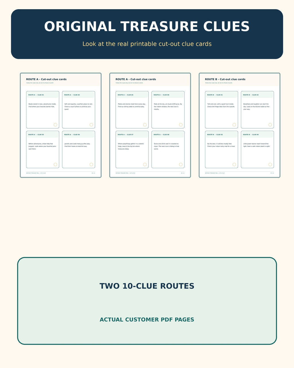 Real indoor scavenger hunt rhyming clue cards from Birthday Treasure Trail buyer PDFs
