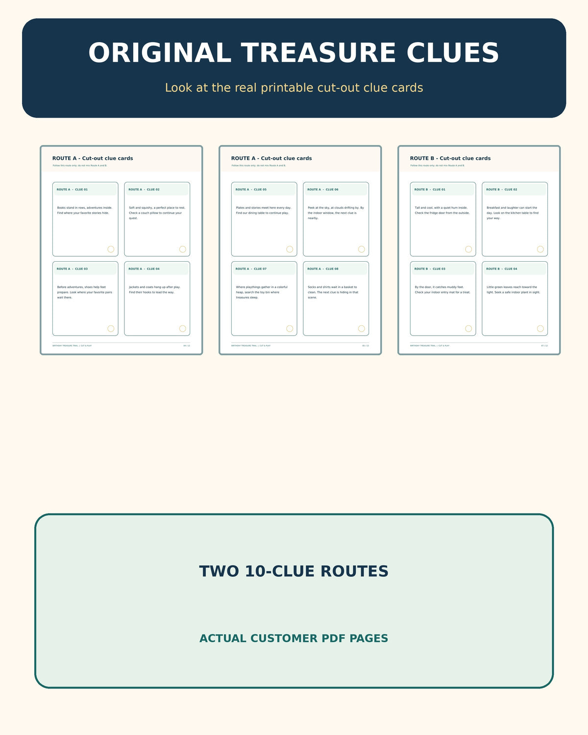 Real indoor scavenger hunt rhyming clue cards from Birthday Treasure Trail buyer PDFs