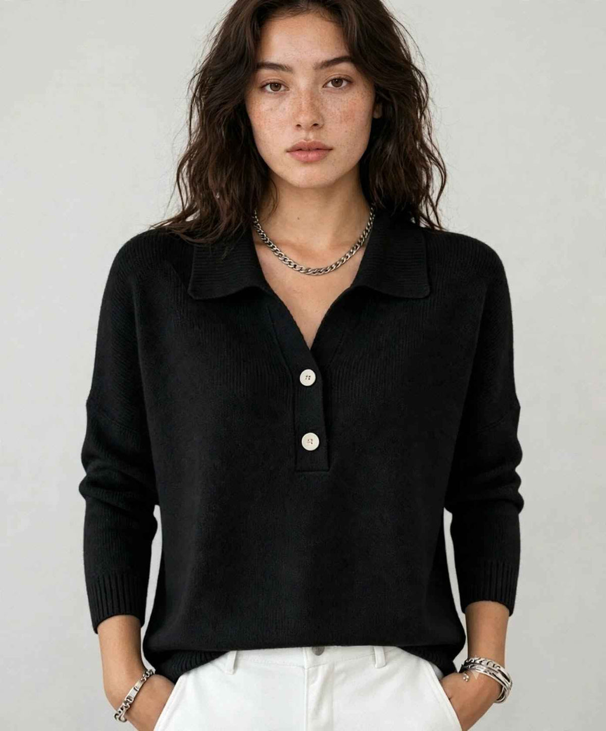 Women's Knit Polo Sweater | V-Neck Long Sleeve Autumn Winter Style