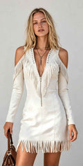 Retro Western Slim Fit Wrap Dress with Tassel, Zipper Front, Fringe & V-Neck