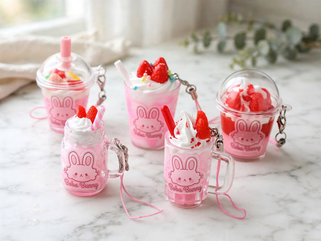 Boba Bunny Strawberry Milk Keychain - Kawaii Boba Cup Charm | 5 Styles
