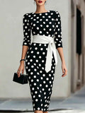 Elegant Polka Dot Midi Dress with Waist Belt - Formal & Office Wear