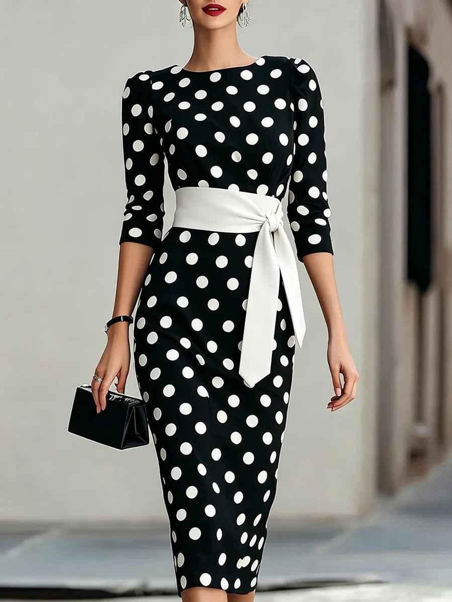 Elegant Polka Dot Midi Dress with Waist Belt - Formal & Office Wear