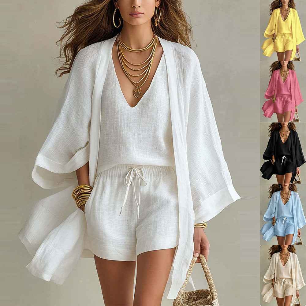 Women's 3-Piece Casual Set: Sleeveless Vest, Cardigan, Shorts