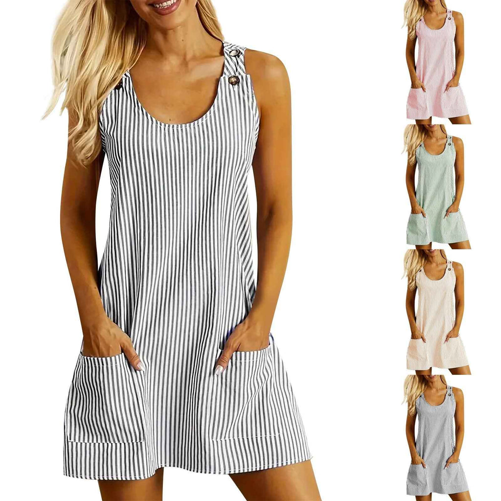 Striped Patchwork Summer Jumpsuit - Sleeveless with Pockets, Back Button, Slimming Fit for Women
