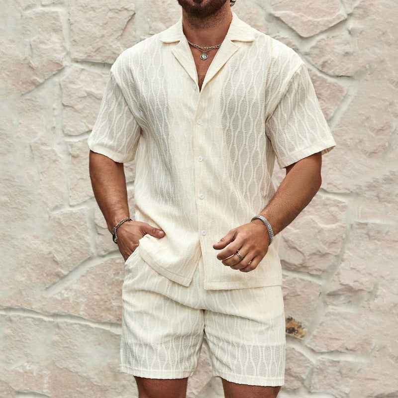 Vintage Wavy Jacquard Two-Piece Set - Lightweight Short Sleeve Button Up Shirt & Shorts Casual Urban Co-ord Outfits