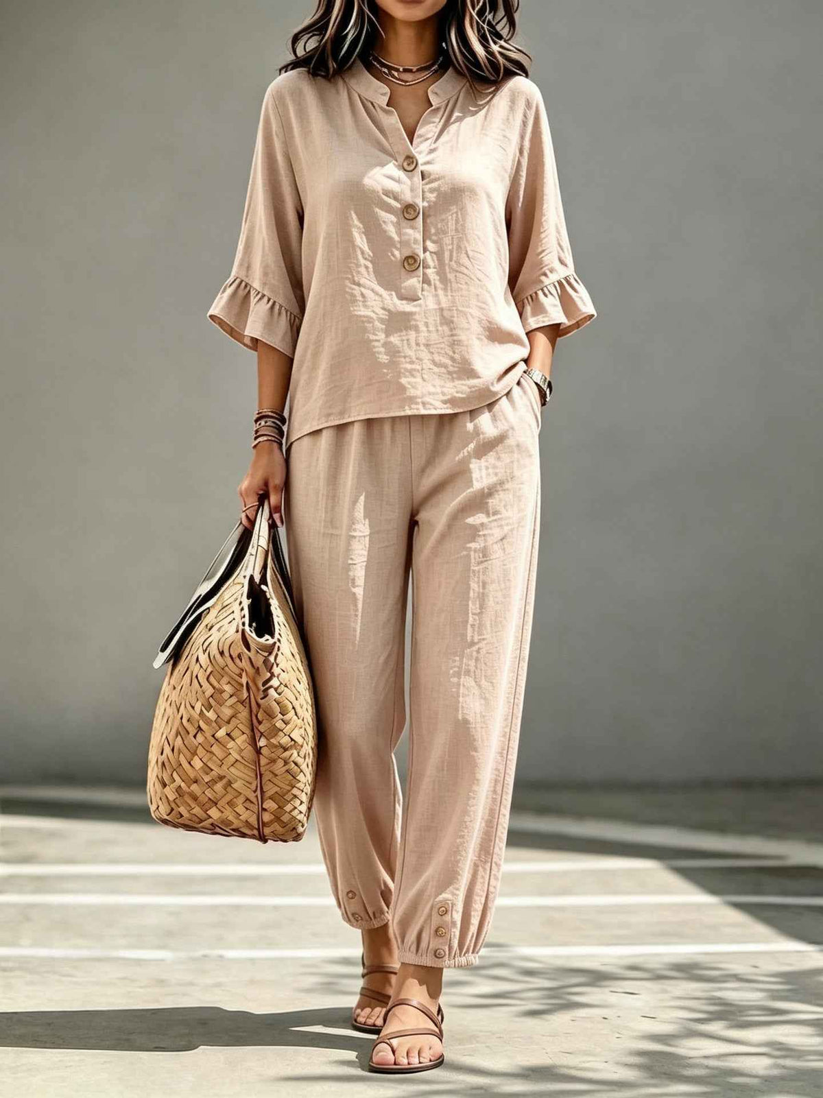 Women's Retro V-Neck Top & Cropped Wide Leg Trousers Set, Casual Button Three-Quarter Sleeve Office Suit