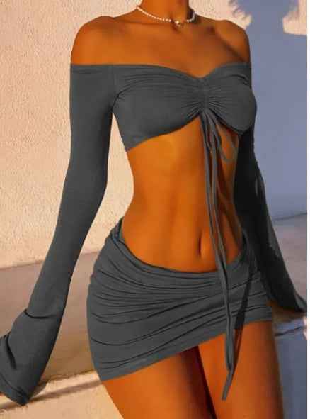 Y2K Drawstring Off Shoulder Two-Piece Set: Long Sleeve Top & Bodycon Skirt