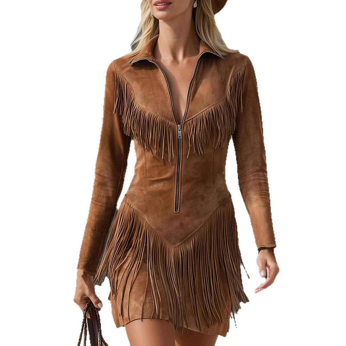 Womens Suede Fringe Long Sleeve Dress, Western Cowboy Style Midi
