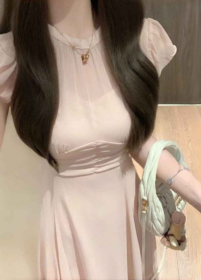 Floral Pink Chiffon A-Line Midi Dress with Cinched Waist