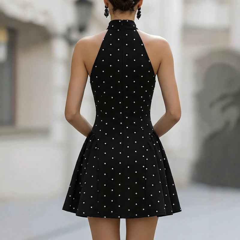 Sleeveless Polka Dot Black Dress - Cinched Waist