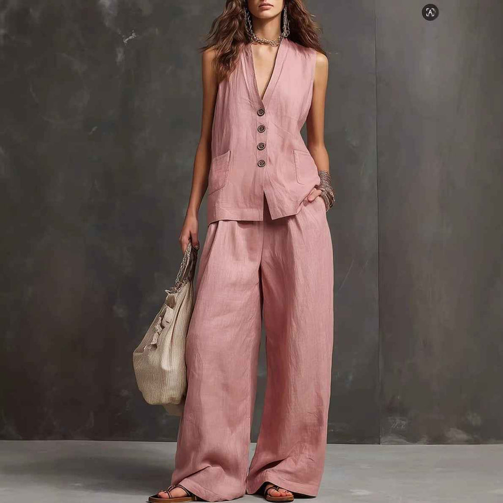 Women's Seasonal Laid-Back Linen Suit Set - Sleeveless Vest & Wide Leg Pants