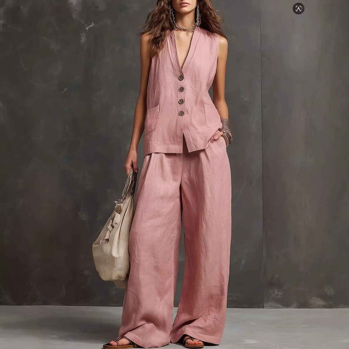 Women's Seasonal Laid-Back Linen Suit Set - Sleeveless Vest & Wide Leg Pants